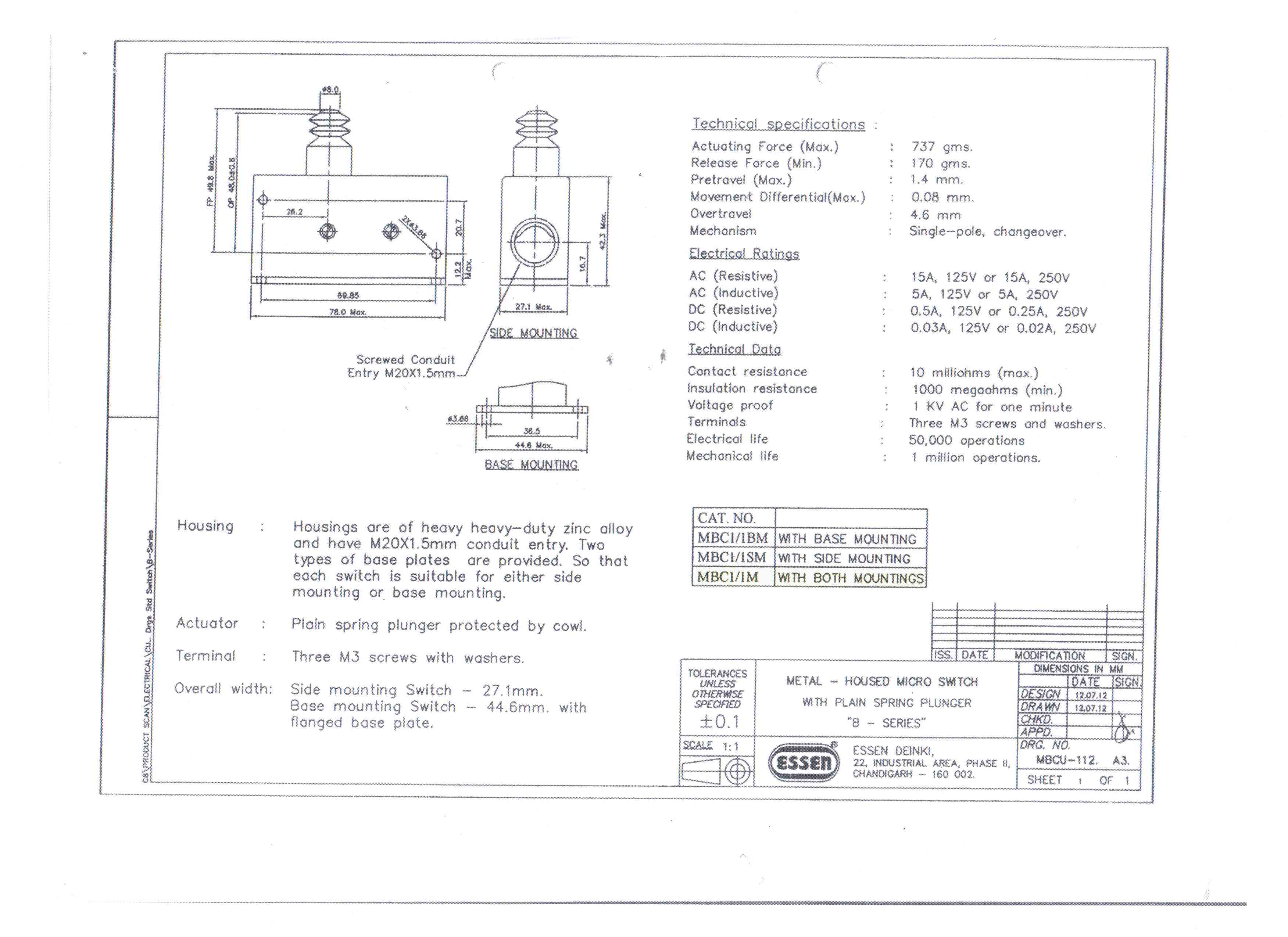 Essen MBC1/1M Limit Switch with cowled plunger | MBC1/1M | Access ...